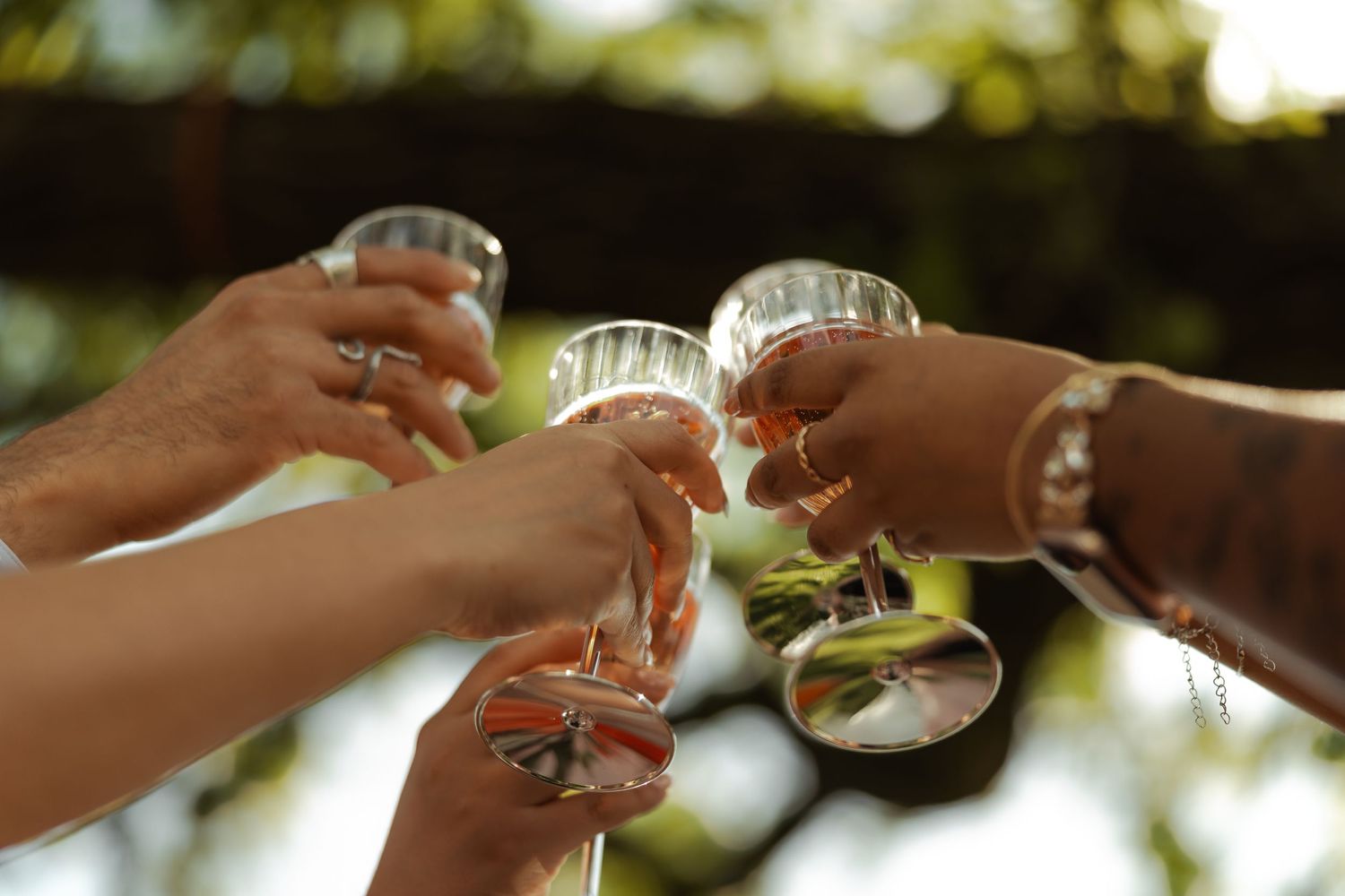 Group of guests clinking champagne glasses together in a celebratory toast at outdoor wedding.
