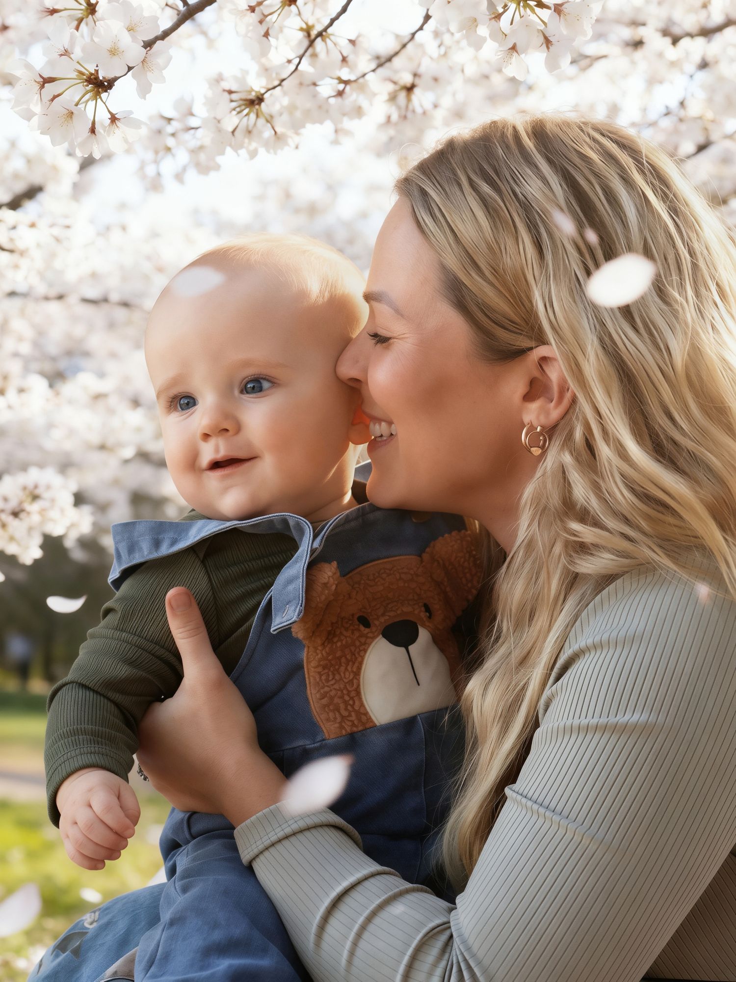Loving mother nuzzling smiling blue-eyed baby under white cherry blossom tree in spring.