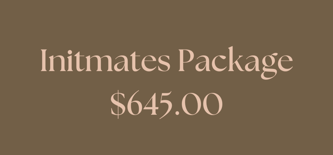 Elegant tan background with serif text reading Intimates Package $645.00 for photography services.