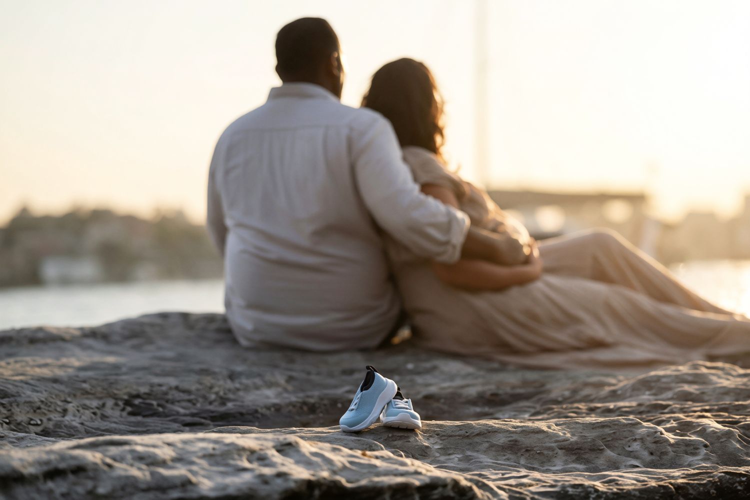 Couple sitting together on rocks at sunset, with tiny baby shoes placed in the foreground.