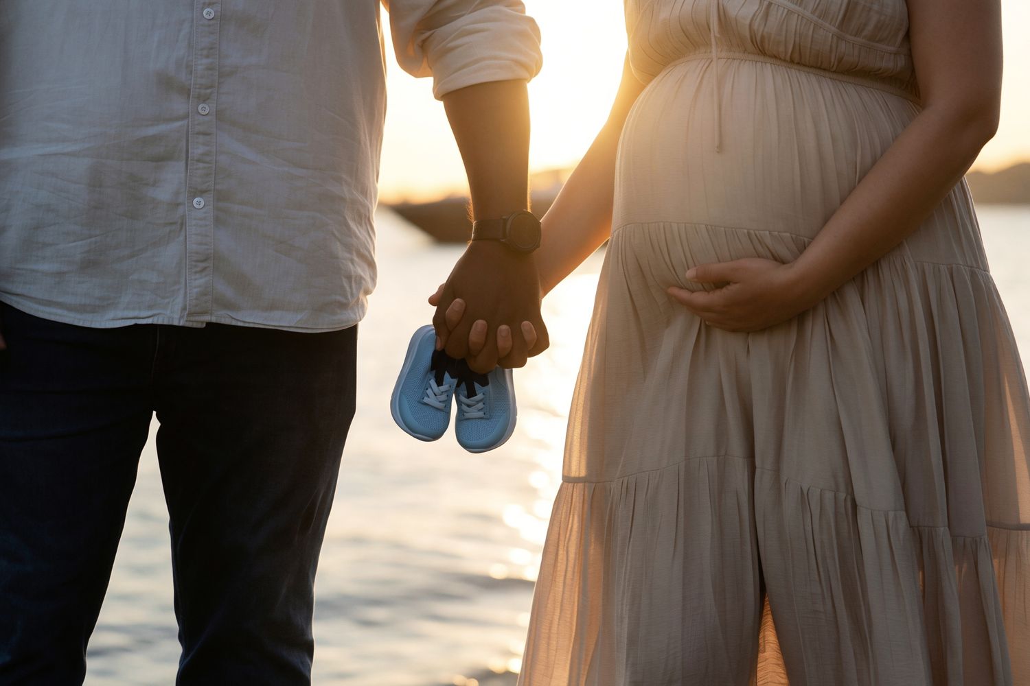 Pregnant couple holding hands at sunset, displaying small blue baby shoes near a waterfront.