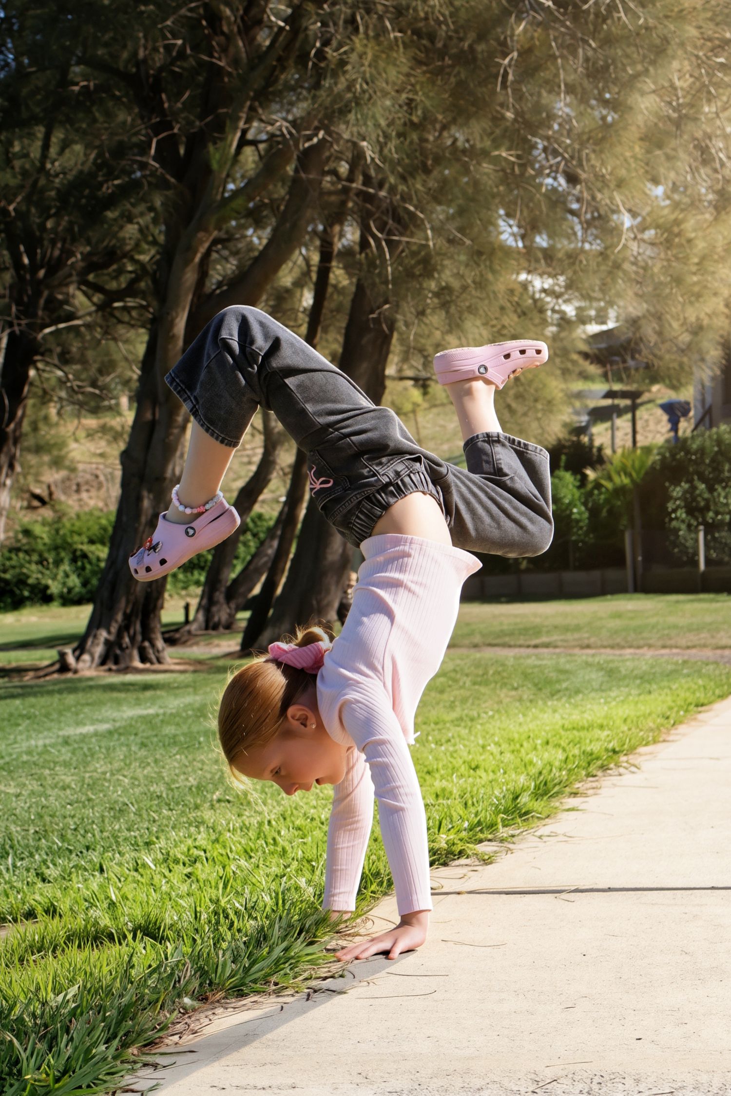 A young girl in pink performs a cartwheel on a sunny park pathway wearing pink Crocs shoes.