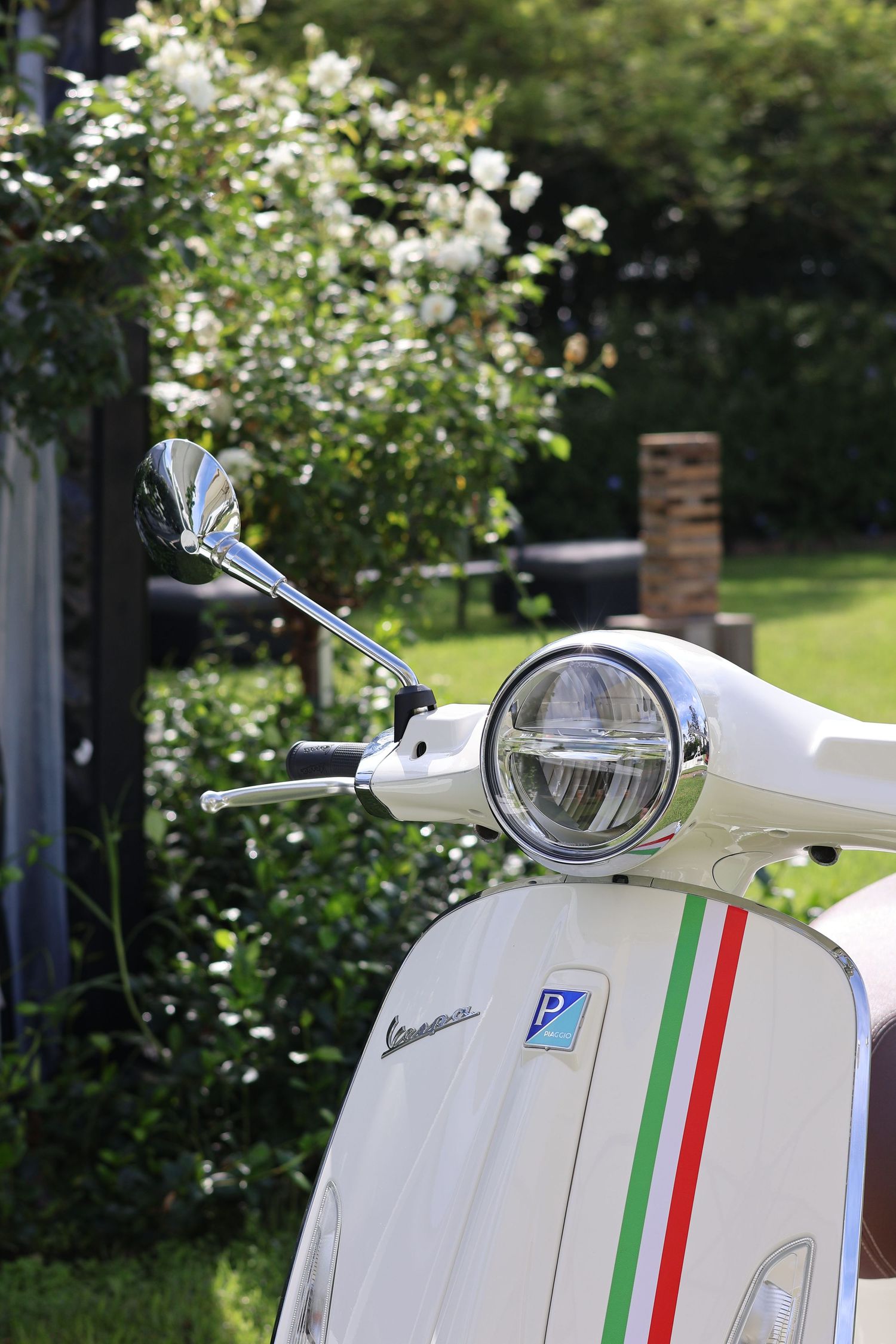 White Vespa scooter with Italian flag stripe parked in sunny garden with roses.