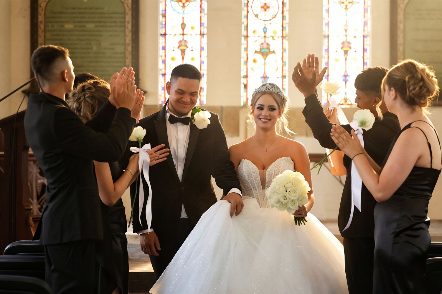 Newlyweds walk church aisle as wedding party raises hands in celebration before stained glass windows.