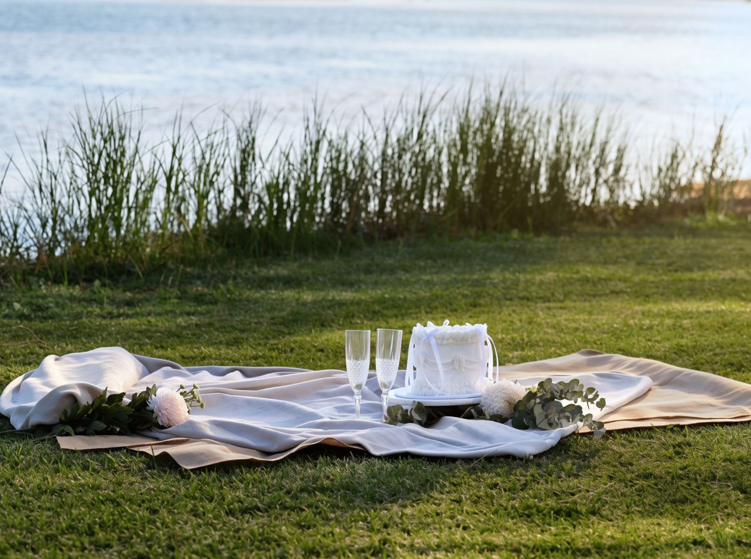 Elegant outdoor wedding setup with white cake and champagne glasses on blanket by serene lake.