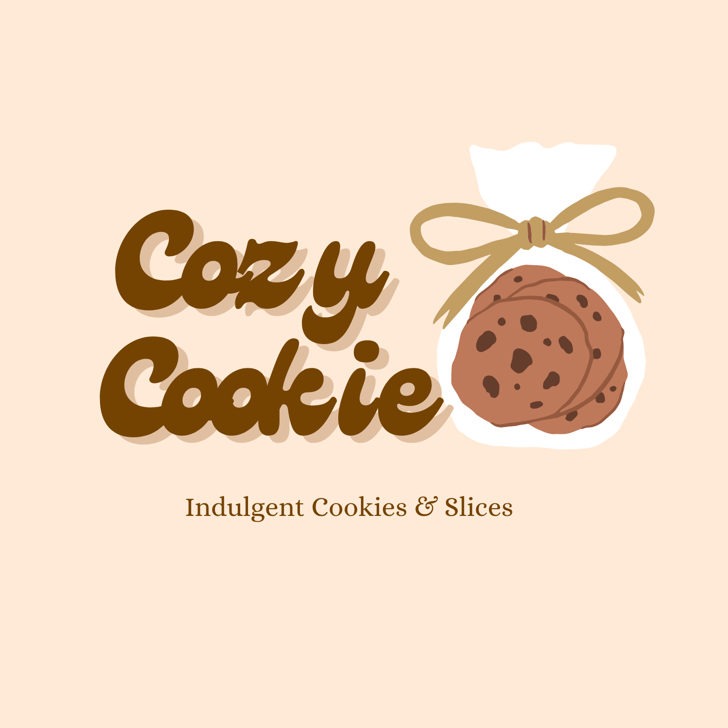 Cozy Cookie logo featuring brown retro text, a chocolate chip cookie in a bag with a bow, and the tagline Indulgent Cookies & Slices.