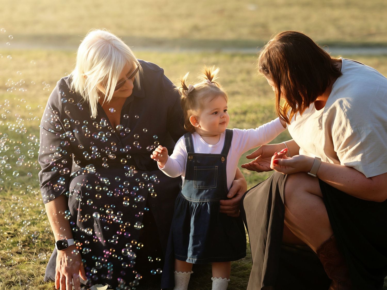 Grandmother and mother playing with toddler girl blowing bubbles in golden sunlight outdoors.