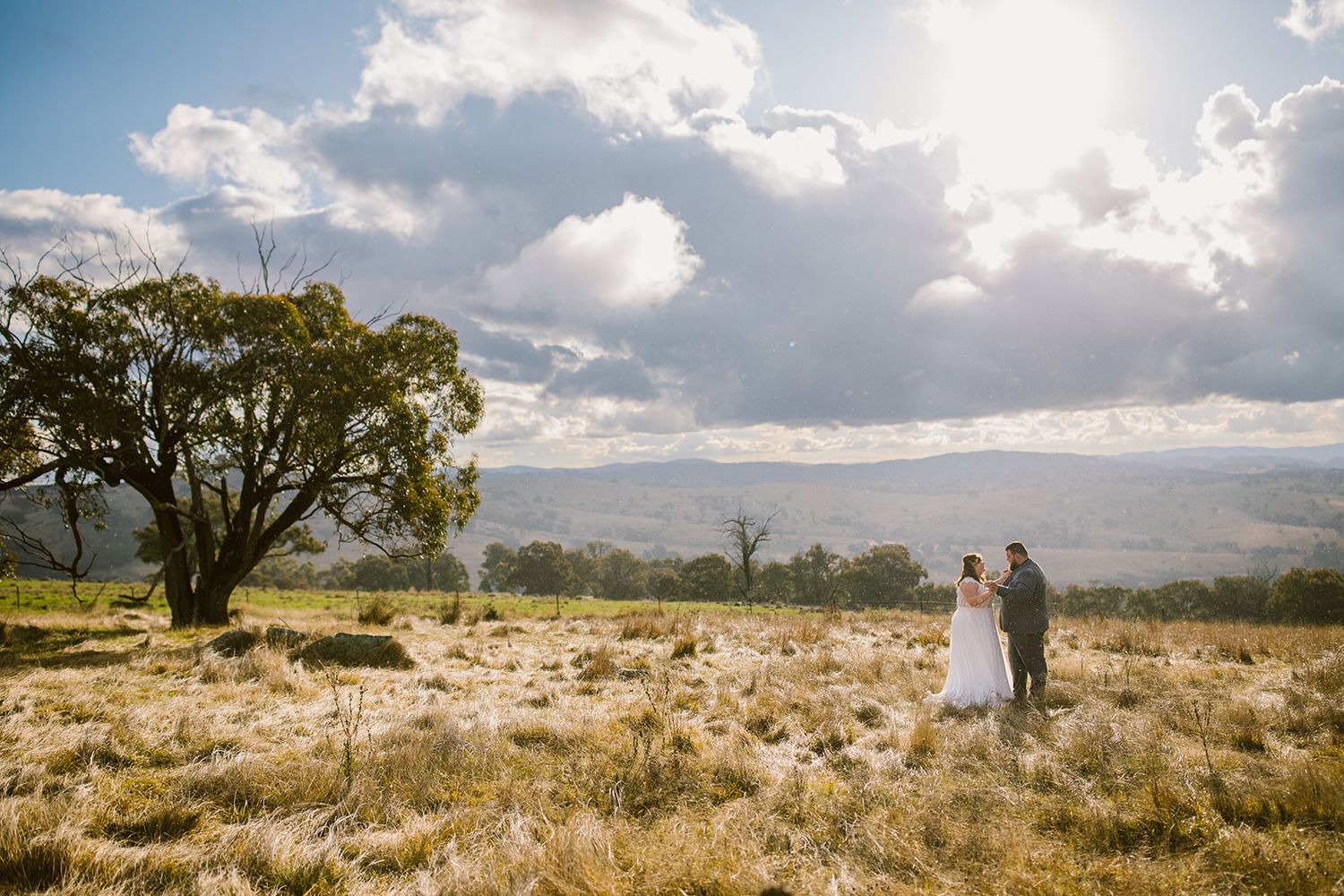 Bride and groom standing in vast sunlit meadow with dramatic clouds and mountain views.