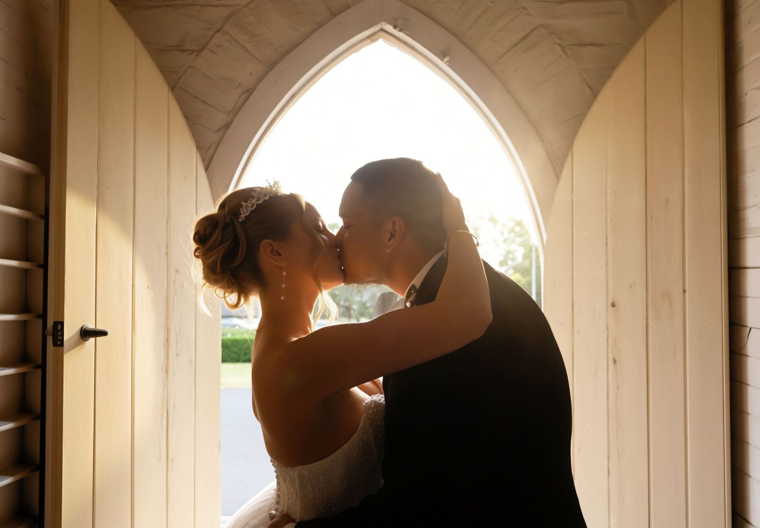 Bride and groom share a silhouetted kiss framed by a Gothic arch church doorway.