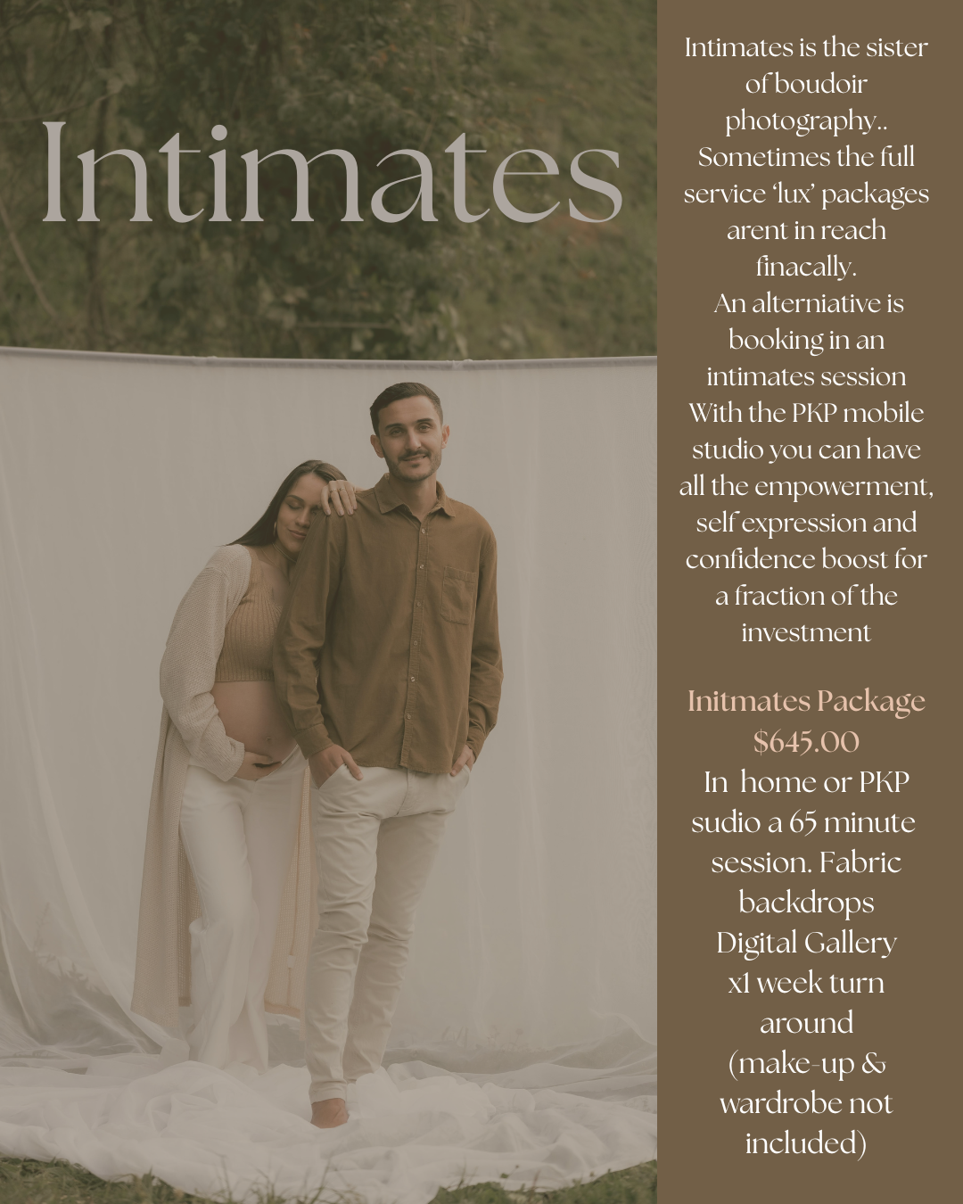An intimates photography package advertisement featuring a pregnant couple posing outdoors.