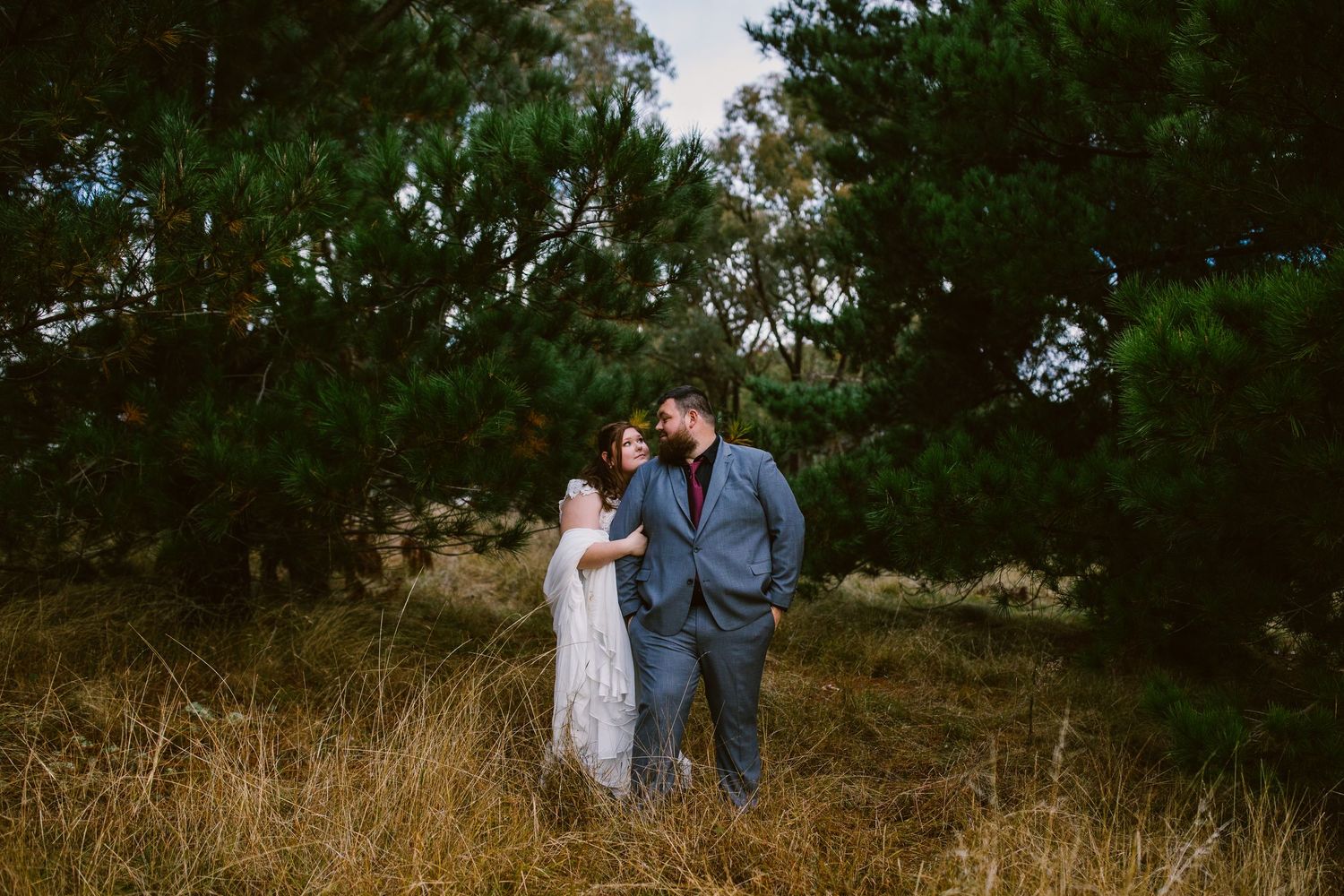 Bride and groom laughing together in golden field surrounded by tall pine trees.
