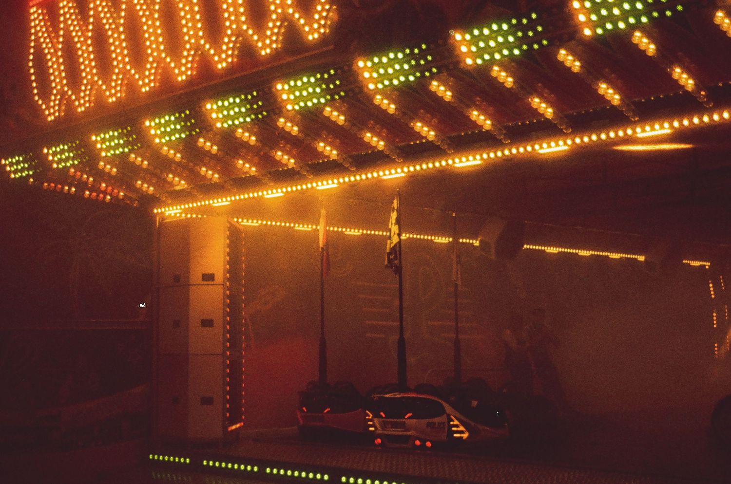 A colored 35mm film of the bumper cars in funfair