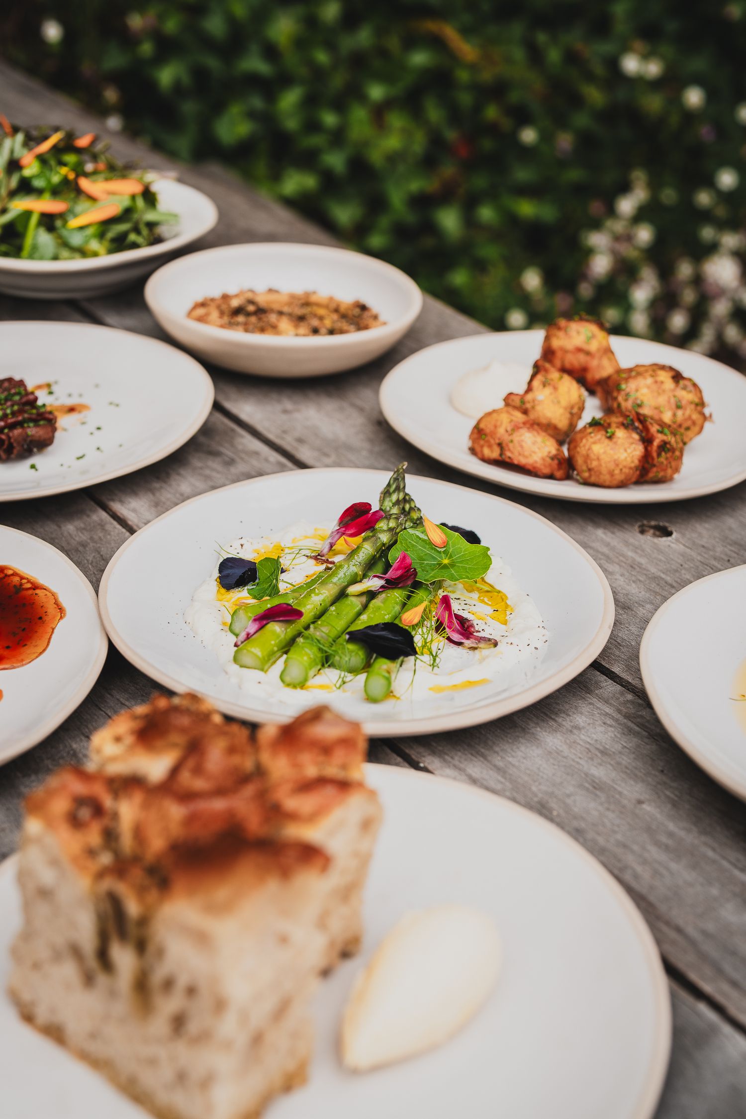 Outdoor spread of gourmet dishes including asparagus, salads, and fried bites on wooden table.