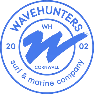 Wavehunters Cornwall surf and marine company blue circular badge logo founded 2002.