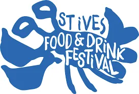 St Ives Food and Drink Festival blue logo with lobster illustration.