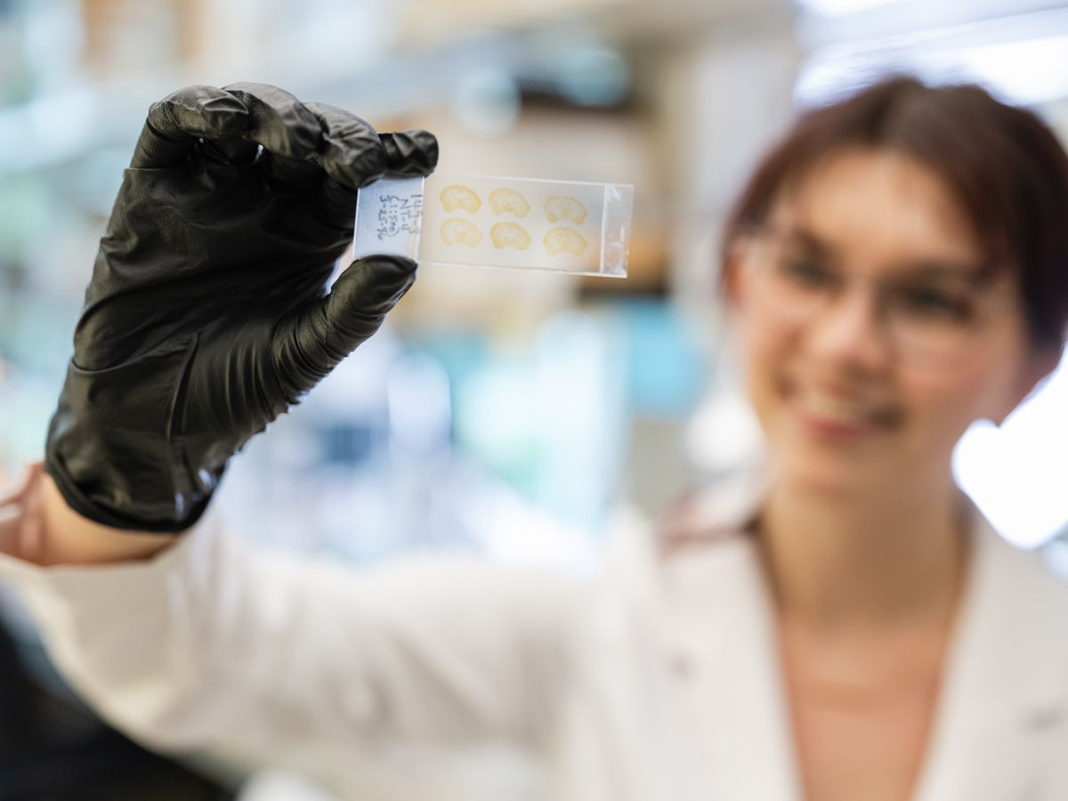 A smiling researcher in a white lab coat holds a clear laboratory slide with black gloves.