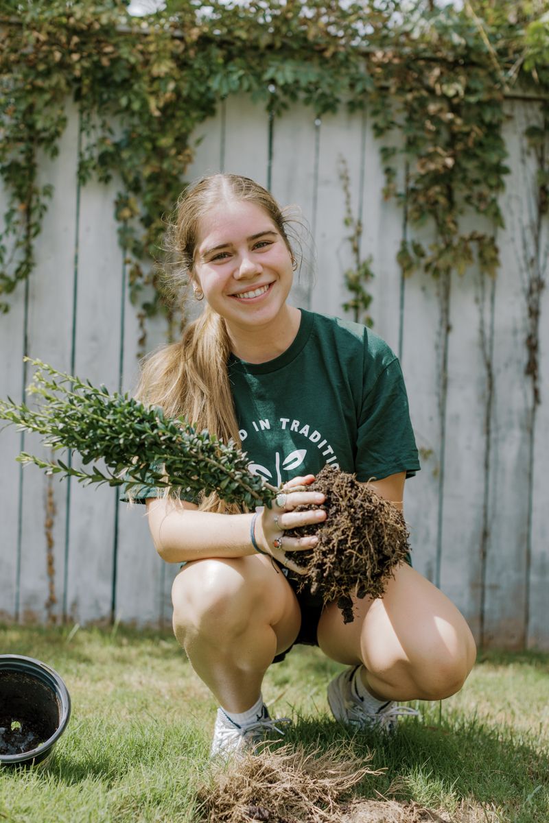 Smiling young woman in green t-shirt crouching outdoors holding a small plant with exposed roots ready for planting.