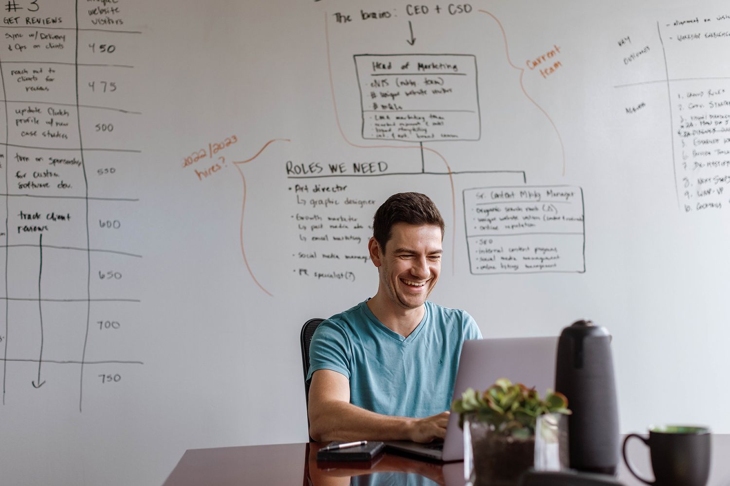 Smiling man sits at desk with whiteboard business plan diagram in bright modern office workspace.