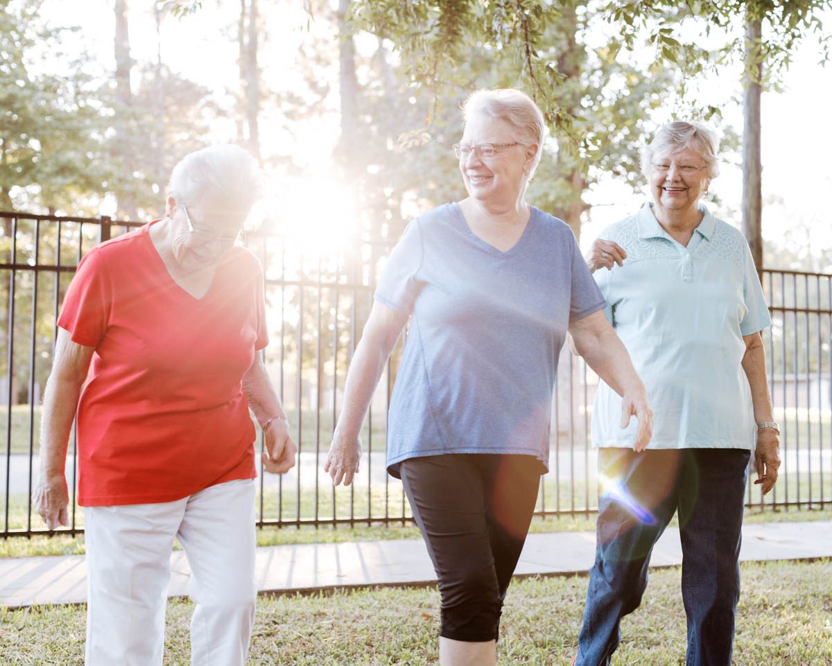 Three senior women walking together outdoors in a sunny park, smiling and holding arms.