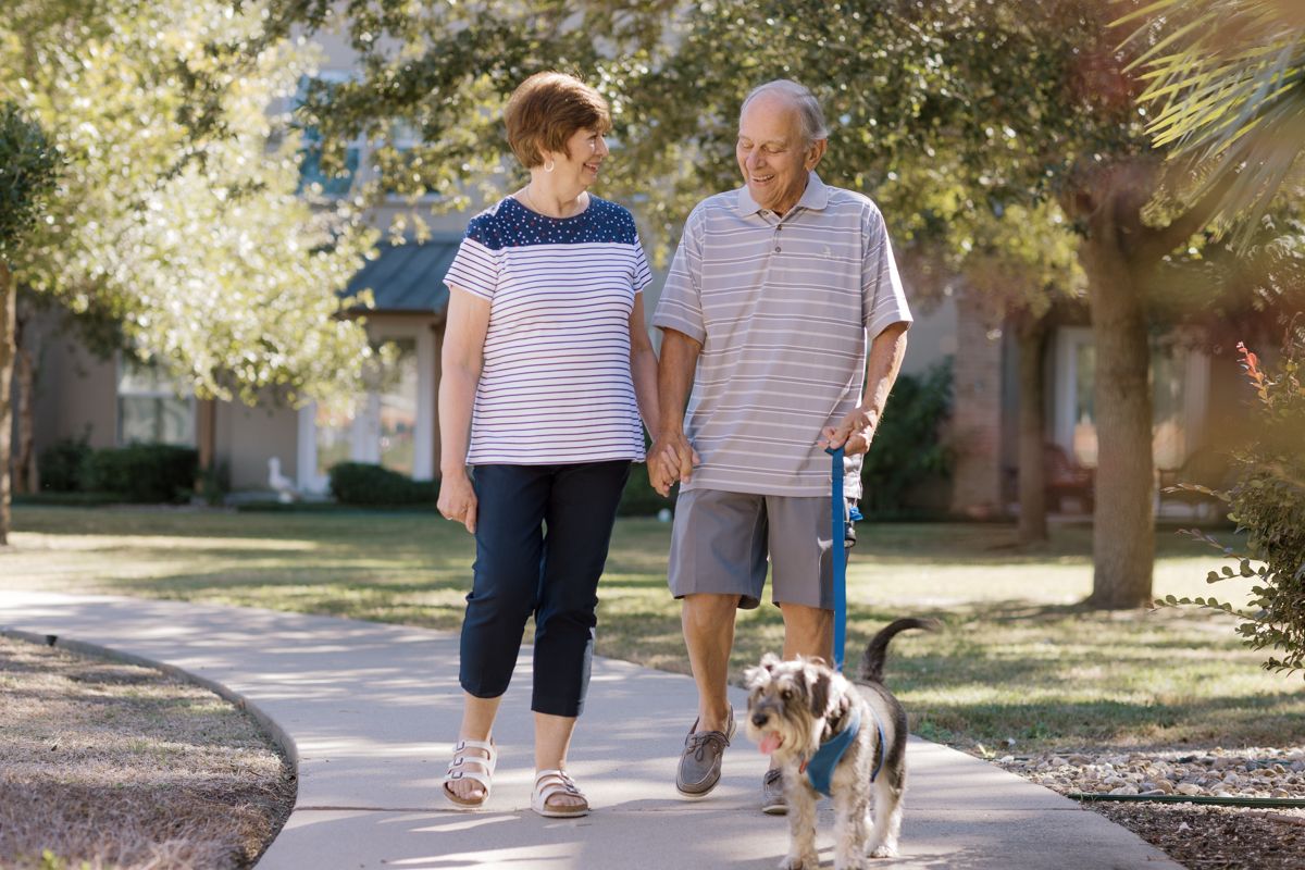 Happy senior couple walking their dog hand in hand on a sunny suburban sidewalk.