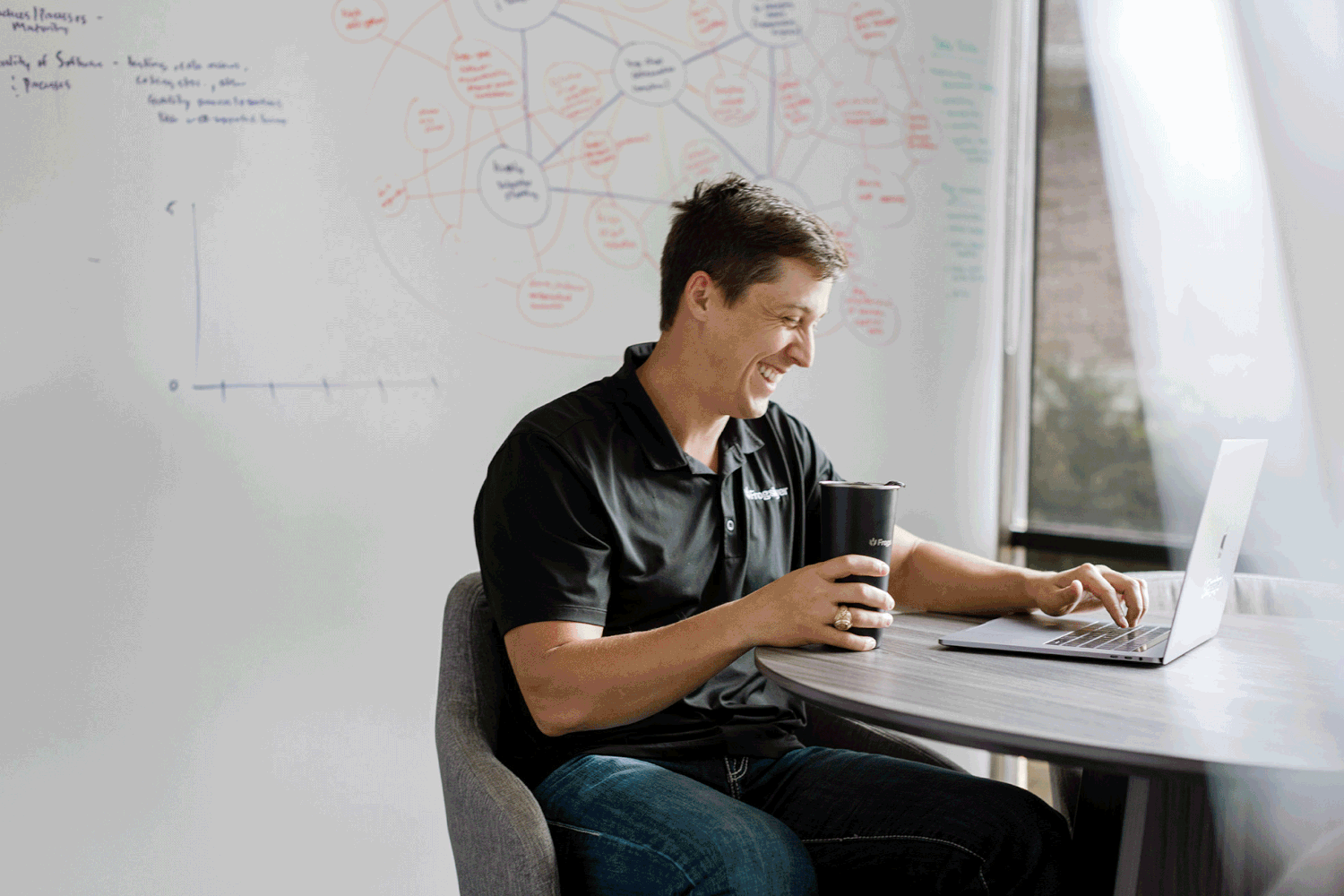 Man smiling while working on laptop and holding coffee cup, sitting at desk in front of whiteboard.