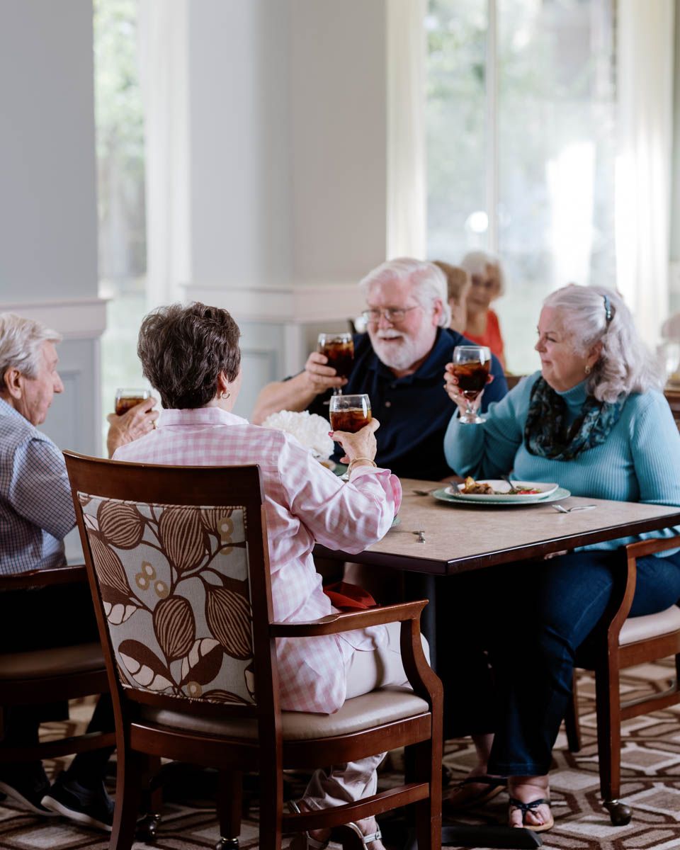 Group of seniors toasting with wine glasses around a dining table in a bright, elegant dining room.