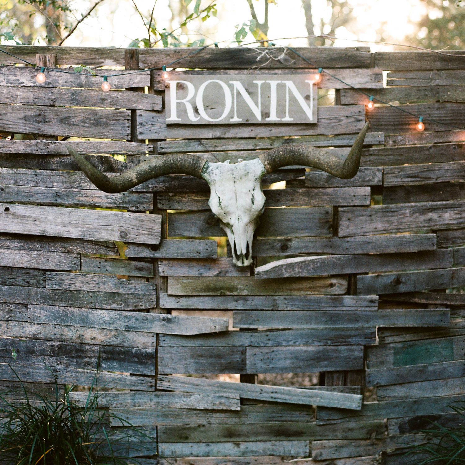 Rustic wooden wall with longhorn skull mount beneath a weathered sign reading RONIN at an outdoor venue.