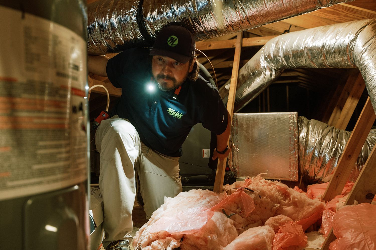 Technician inspecting crawl space insulation and HVAC ductwork with a headlamp in a residential home.