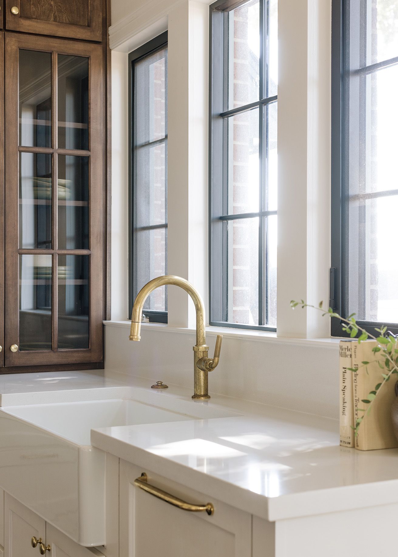 Bright kitchen sink area with gold faucet, white farmhouse sink, and black-framed windows.