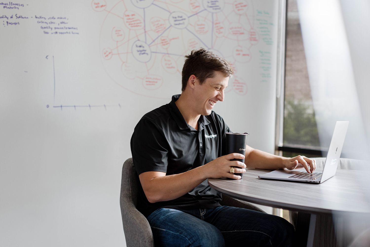 A smiling young man works on a laptop while holding a coffee cup in a modern office with a whiteboard behind him.
