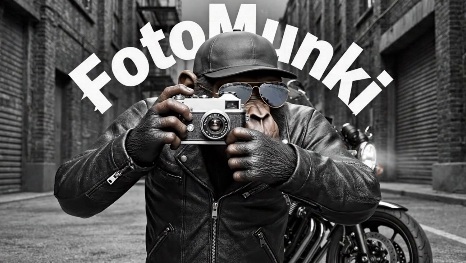 FotoMunki brand character, a monkey photographer holding a vintage camera beside a motorcycle in a black-and-white city scene.