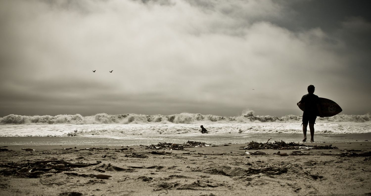 Surfer watches powerful Pacific waves on a moody day at Santa Cruz Beach, California, with seabirds soaring overhead.