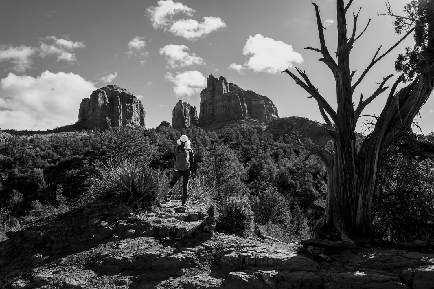 Woman in signature hat overlooking Sedona's red rock formations in Arizona, black-and-white landscape from The Hat Series.