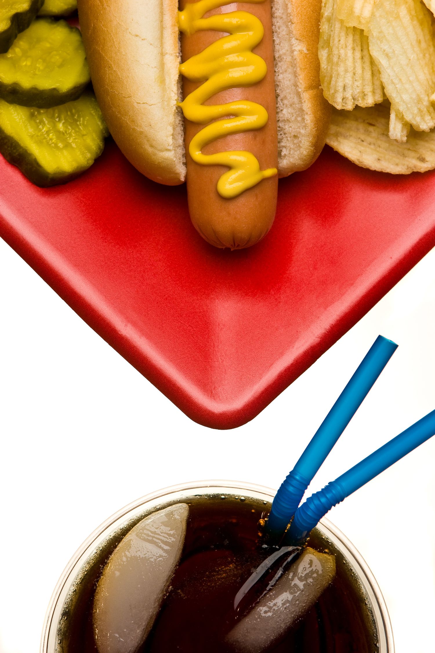 Pop art still life of a hot dog with mustard, pickles, potato chips, and cola on a bright red plate against white.
