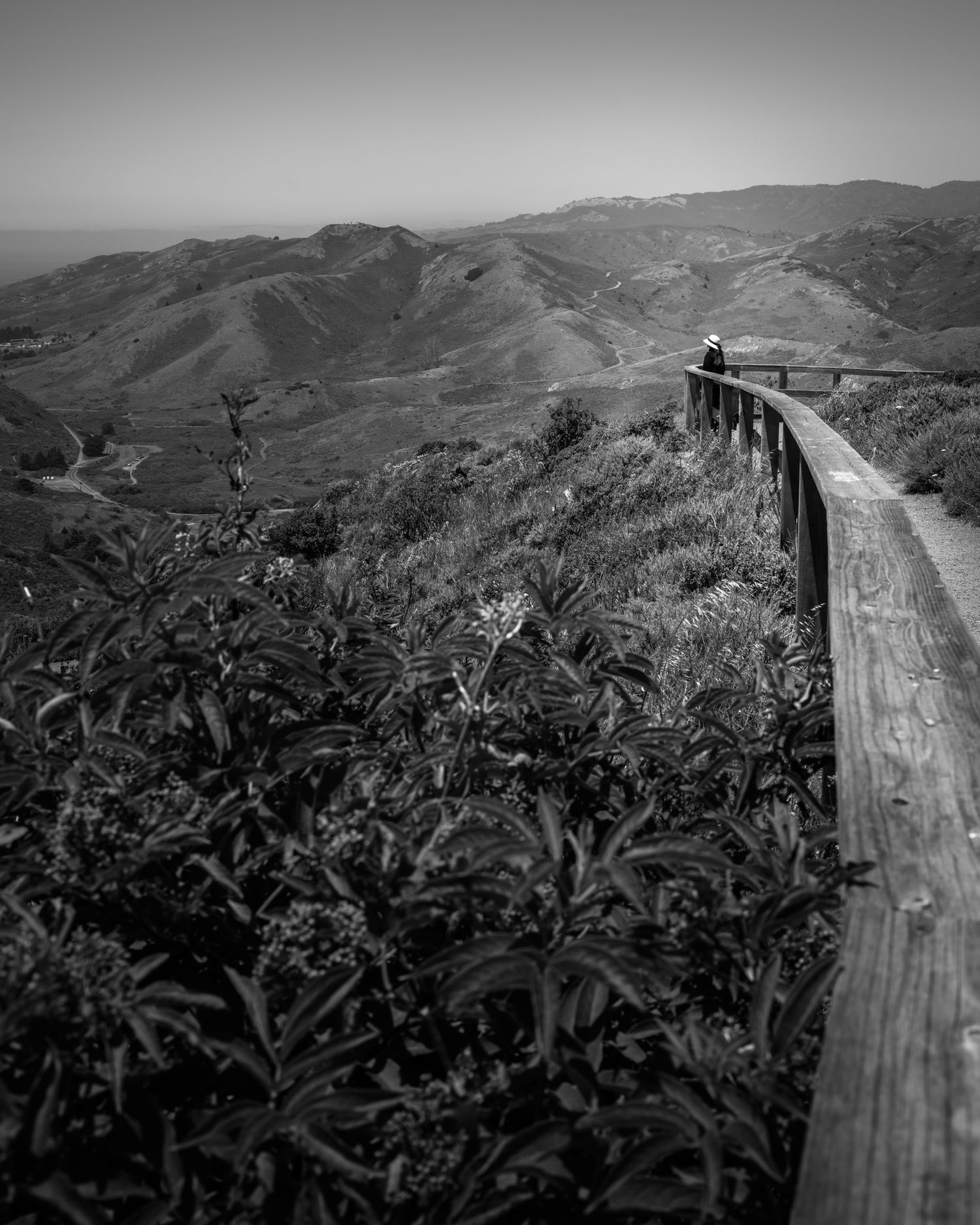 Black and white view of the Marin Headlands near San Francisco with a woman in a white hat overlooking rolling California hills.