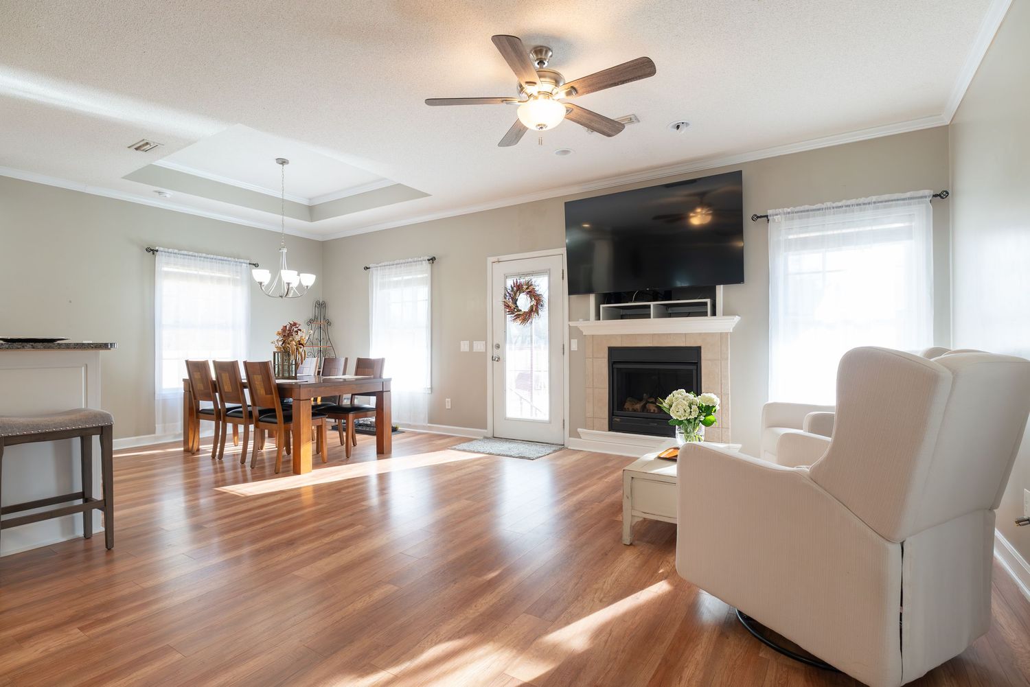 Fireplace in house with swimming pool in Dothan.