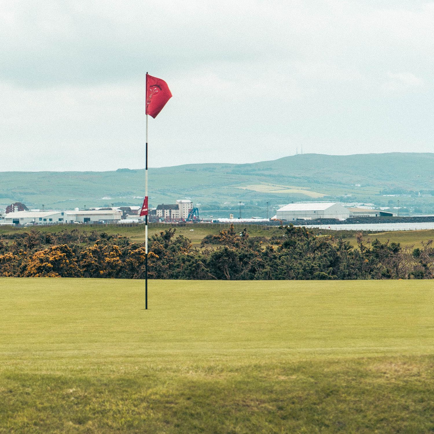 Golf flag positioned on a green overlooking the Ayrshire coastline