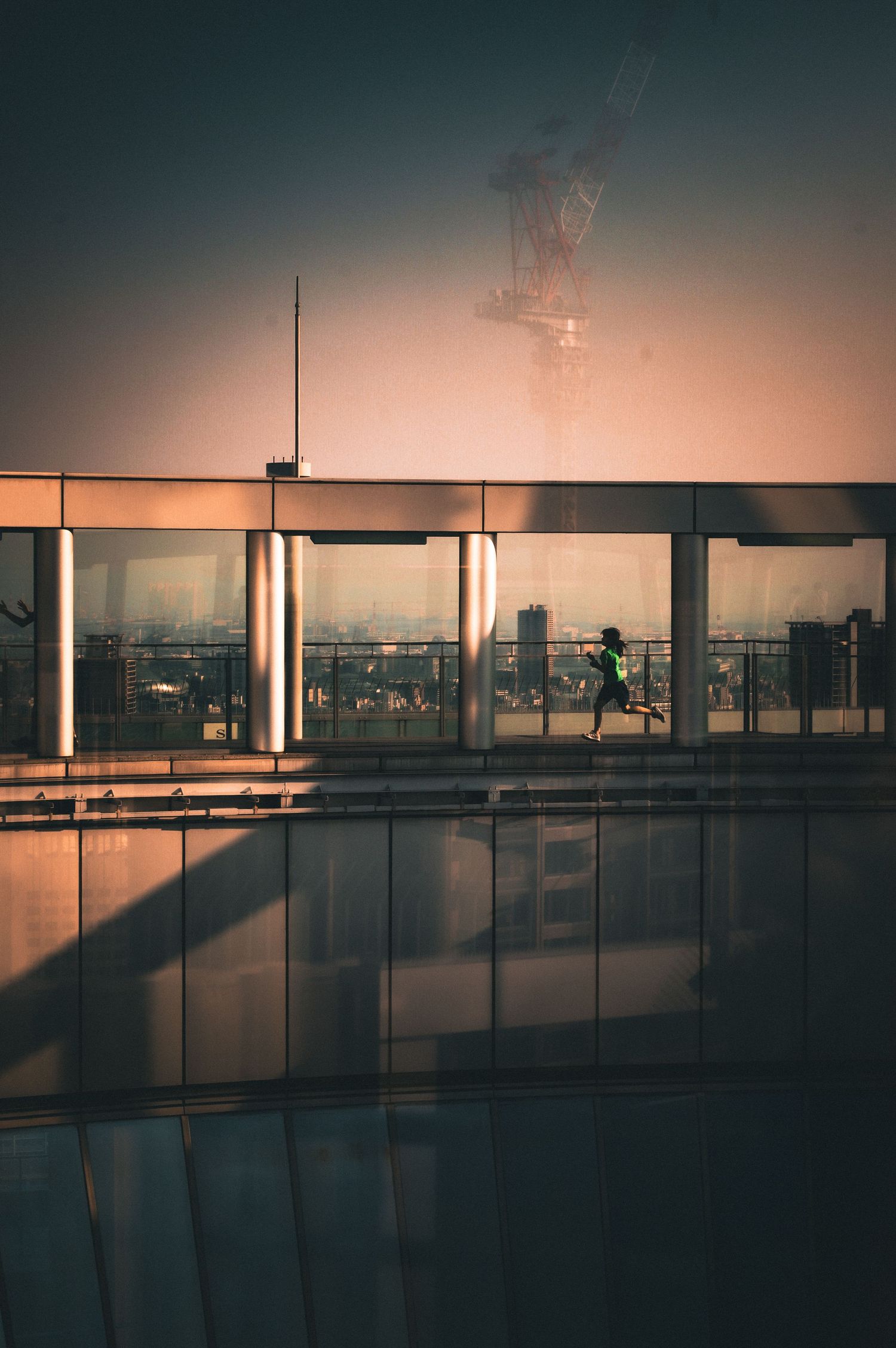 Osaka, running woman, crane