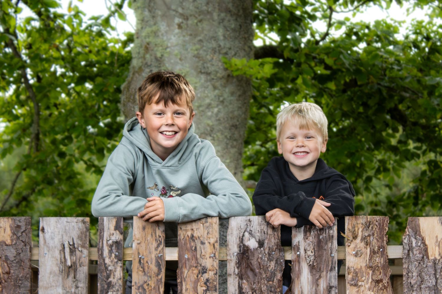 Playful scene of children peeking over a rustic wooden fence in a garden setting.