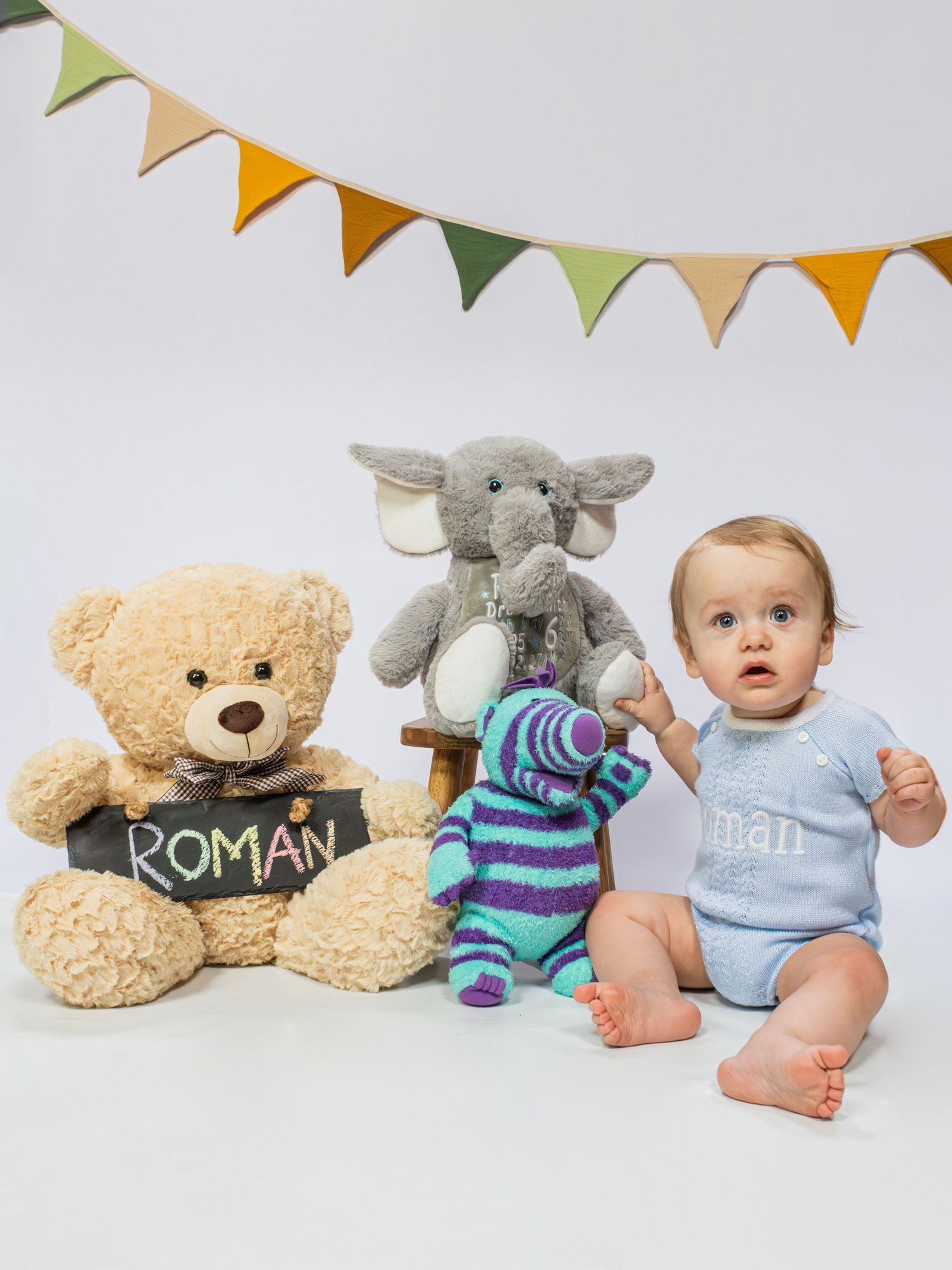 Baby boy named Roman sits beside a personalized teddy bear and stuffed elephant toy under colorful bunting banner.