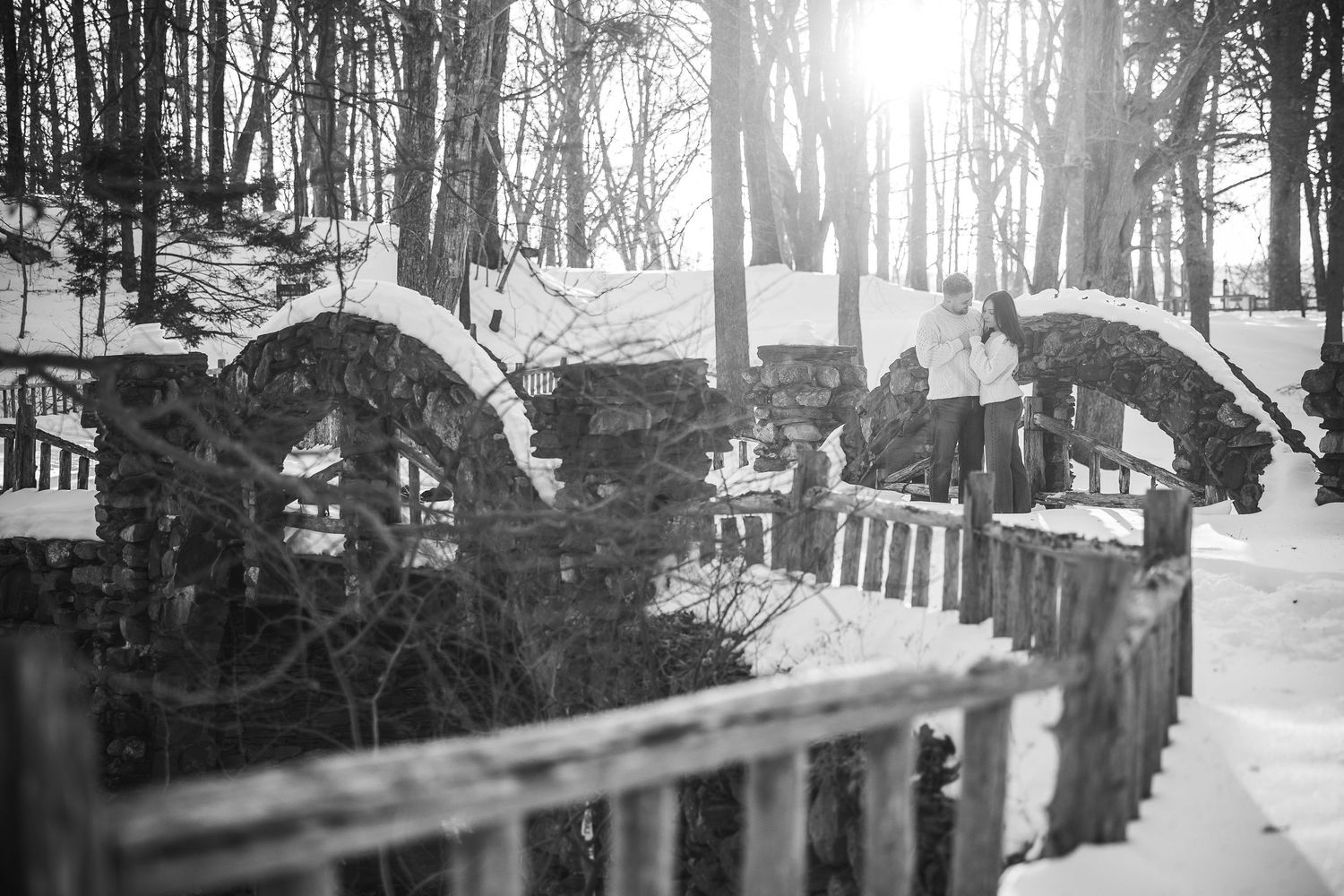 A black and white panoramic collage shows a winter street scene with snow-covered trees and buildings.