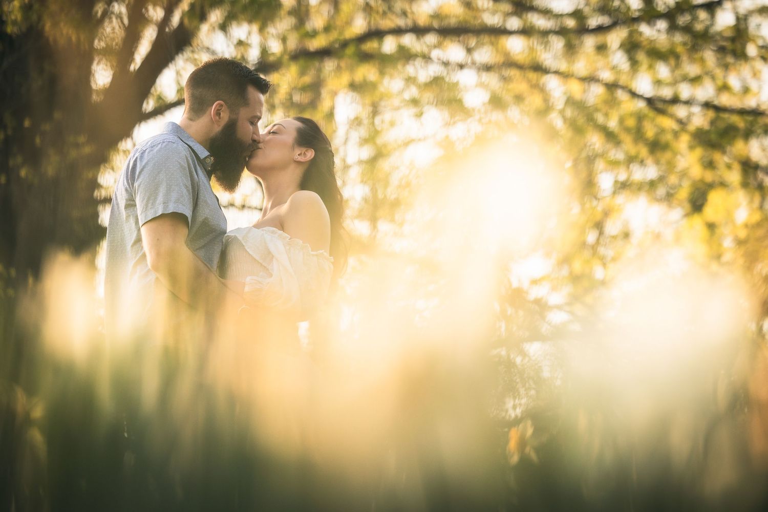 A romantic silhouette of a couple embracing in golden sunlight filtering through trees at sunset.