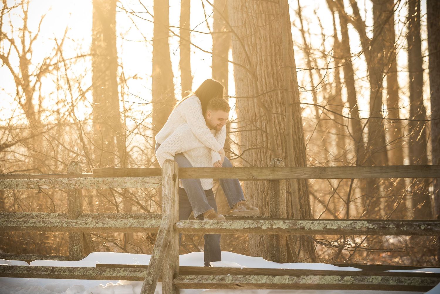 Golden sunlight streams through bare winter trees in a snowy forest creating a magical atmosphere.