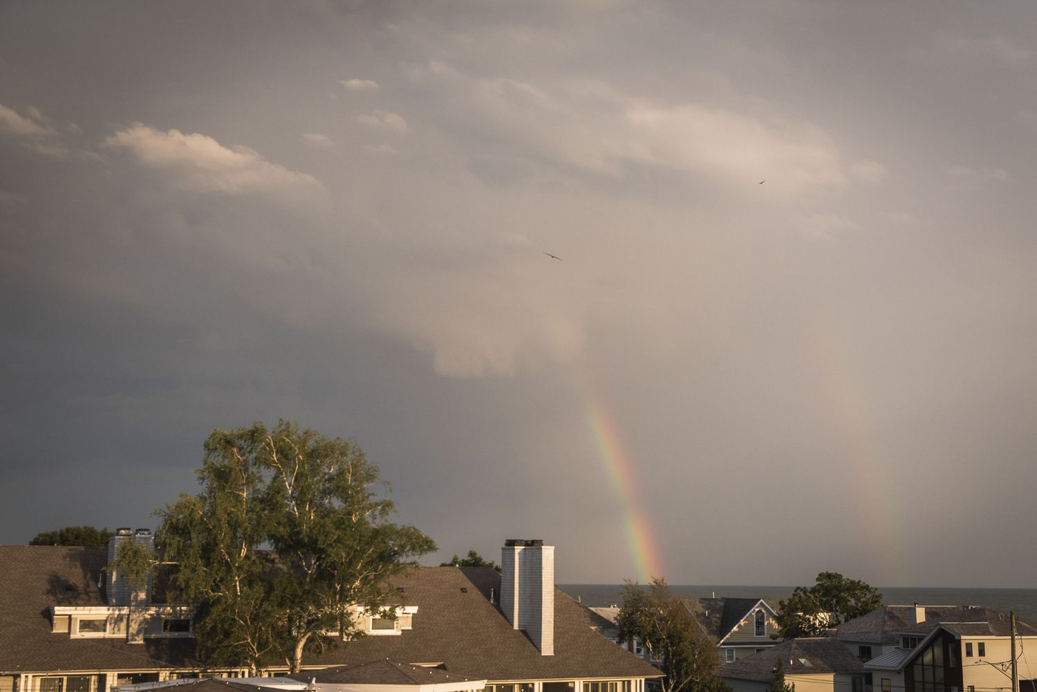 Dramatic sky with double rainbow over residential buildings at sunset.