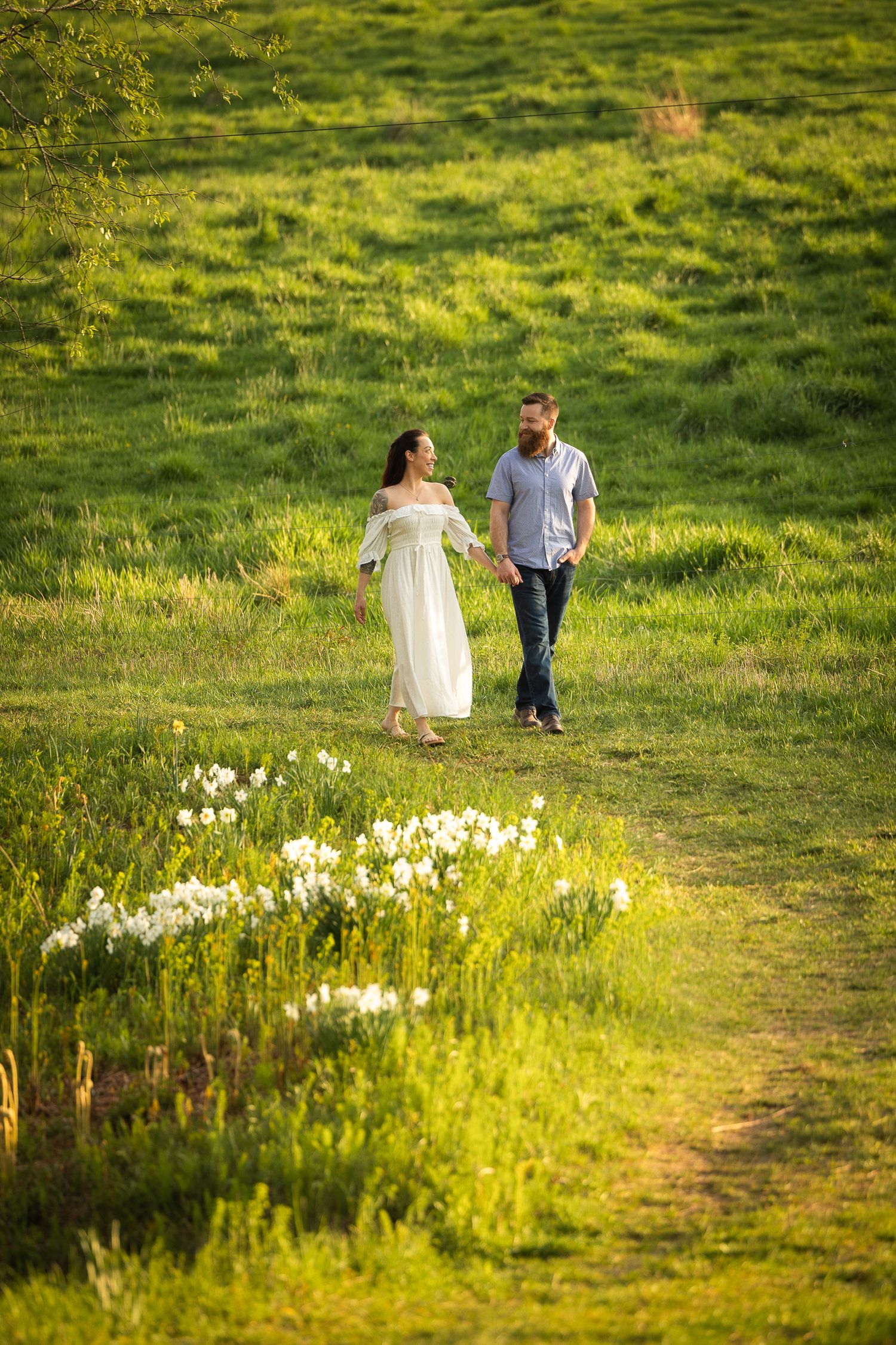 Couple walking together on a grassy hillside path bordered by blooming white daffodils in golden evening sunlight.