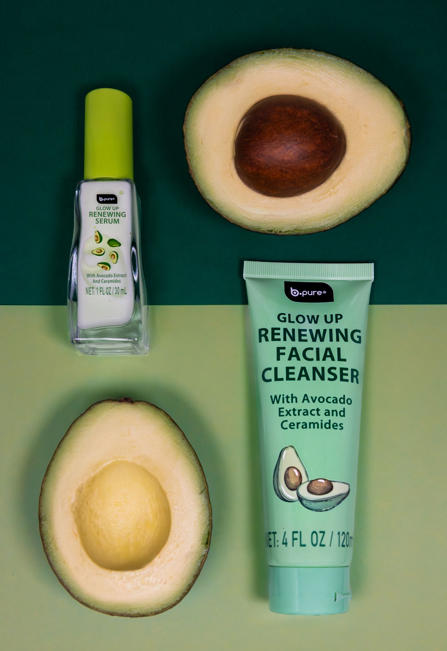 B-Pure Glow Up Renewing Facial Cleanser with Avocado Extract and Ceramides displayed with fresh avocado halves and serum.