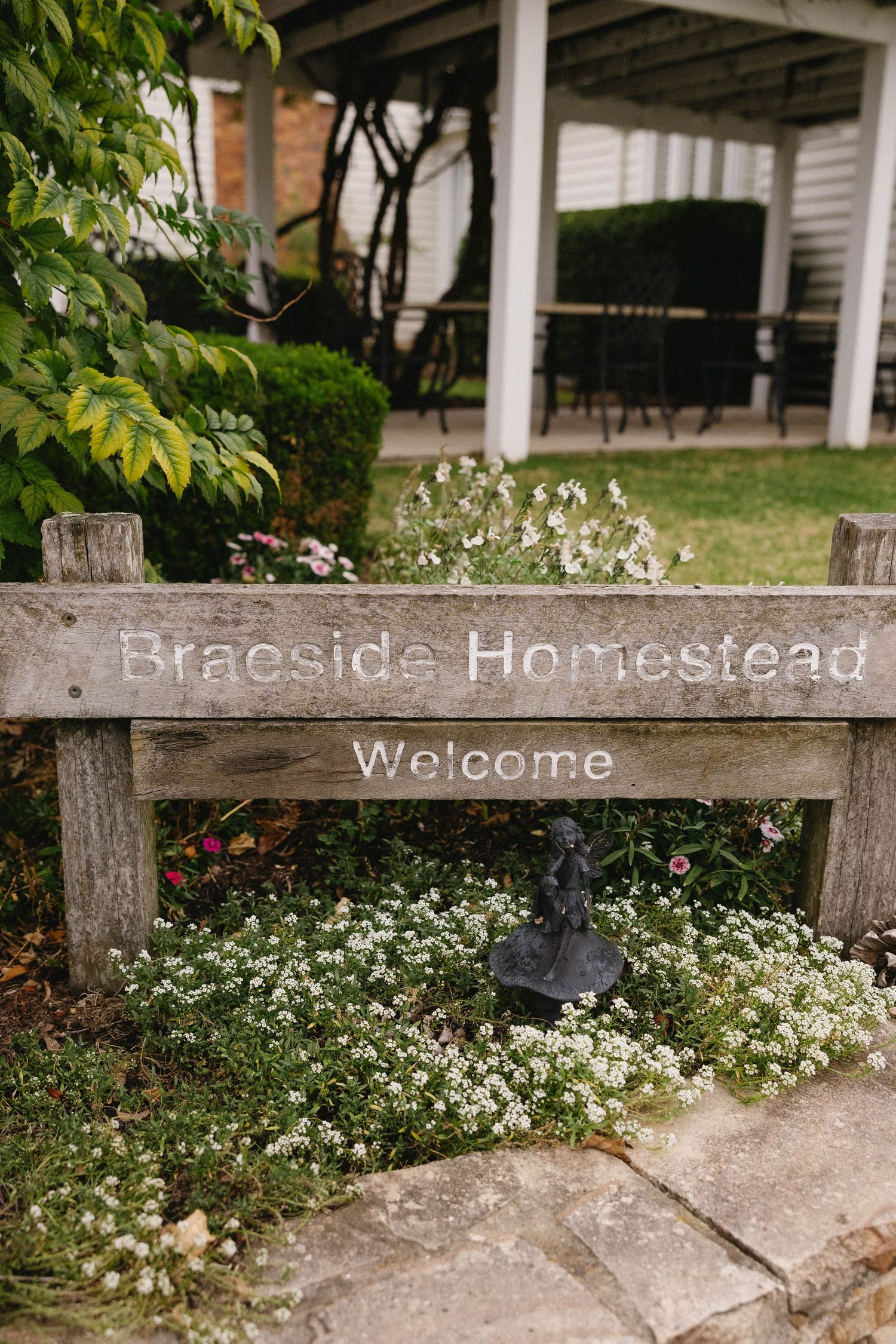 Rustic wooden welcome sign for Bracside Homestead surrounded by white wildflowers in a charming garden setting.
