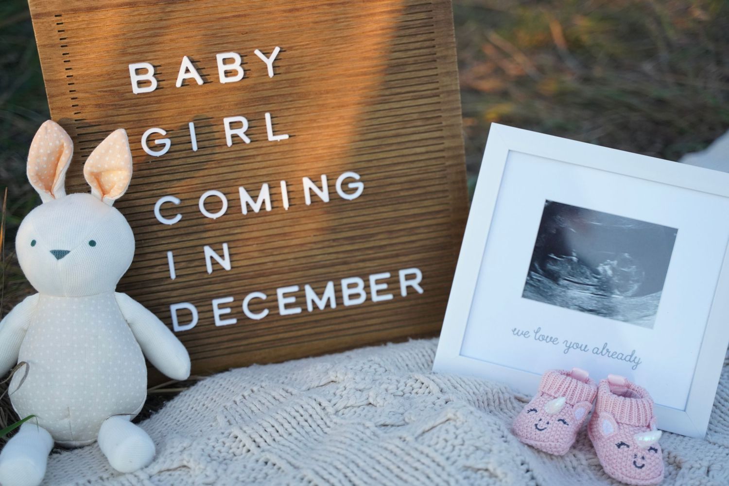 baby items: white framed sonogram, pink knit baby shoes, stuffed vintage style bunny, and brown wooden sign, 