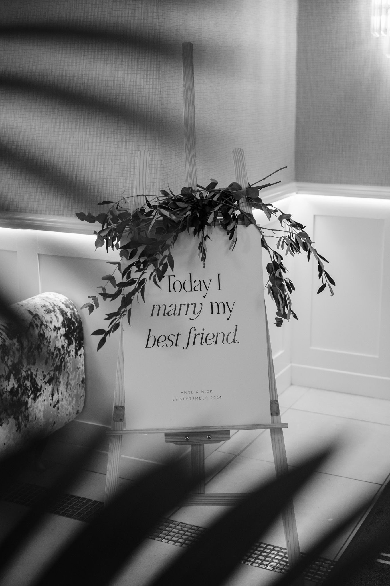 Black and white photo series showing text 'Today I marry my best friend' with decorative elements.