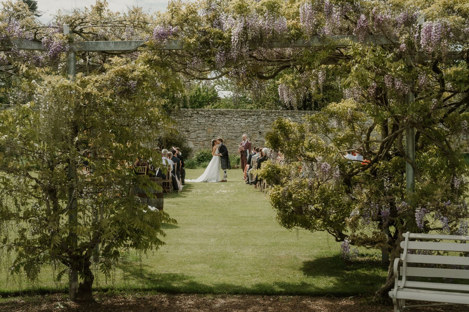 Outdoor wedding ceremony in a lush garden with wisteria-covered pergola, bride and groom on green lawn.